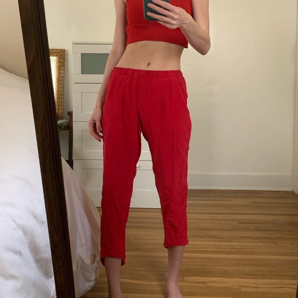 Red Silk Cropped Pants by LNA